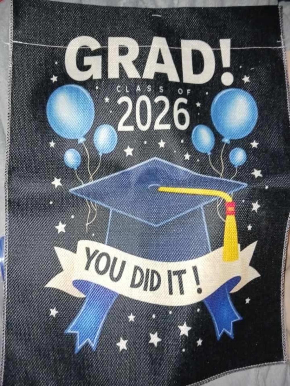 Graduation 'Grad! Class of 2026' Garden Flag - Blue Cap & Balloons